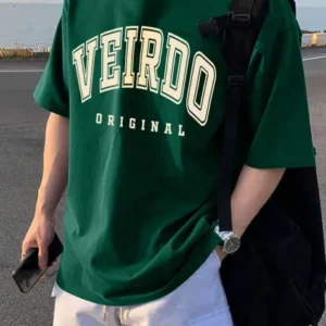 Oversized Men Printed, Typography Round Neck Pure Cotton Green T-Shirt