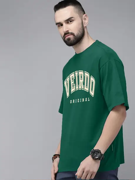 Oversized Men Printed, Typography Round Neck Pure Cotton Green T-Shirt - Image 4